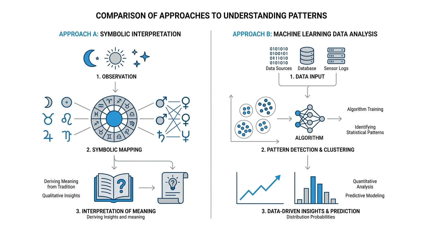 แผนภาพเปรียบเทียบการทำความเข้าใจ pattern ระหว่างการตีความเชิงสัญลักษณ์แบบโหราศาสตร์กับการวิเคราะห์ข้อมูลแบบแมชชีนเลิร์นนิง